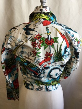 NIKOS, White, Turquoise Blue, Red, Yellow, Gray, Cotton, Novelty Pattern, Floral, White Denim, Large Notched Lapel, Slanted Zip Front, 2 Pockets with Flap, Long Sleeves with Zipper Cuffs
