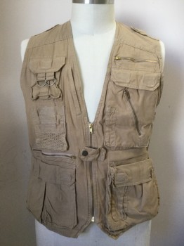 N/L, Khaki Brown, Cotton, Solid, Fishing Vest, Zip Front, Multiple Pockets: Cargo and Zip, Snap Epaulets, Snap Tabs Side Waist, Cargo Pockets in Back, Mesh Netting Lining, Stain on Top Back
