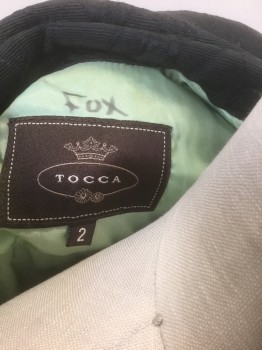 TOCCA, Black, Acetate, Cotton, Novelty Pattern, Black Faille with Self Horses with Human Riders, Humans with Bow & Arrows Textured Pattern, Single Breasted, 4 Ornate Patterned Plastic Buttons, Notched Lapel, 2 Pockets, Mint Green Lining, **With Self Belt