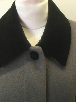 FORECASTER, Brown, Black, Wool, Solid, Dusty Brown Wool with Black Velvet Collar Attached, Black Velvet Trim, Single Breasted, 5 Buttons, Raglan Sleeves, Padded Shoulders, Ankle Length,