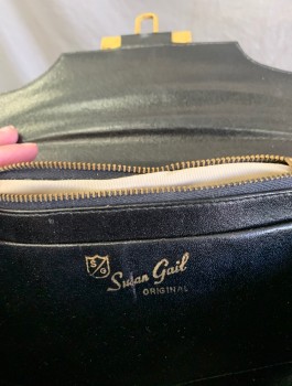 SUSAN GAIL, Black, Leather, Solid, Fold Over Closure with Gold Rectangular Embossed Clasp, 2 Self Handles, Lining is Black Leather,