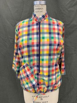 TEDDI OF CA, Red, Green, Navy Blue, Yellow, White, Poly/Cotton, Plaid, 3/4 Zip Front, Band Collar, 3/4 Sleeve, 1 Angled Pocket, Drawstring Waist,