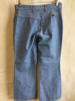 WRANGLER, Lt Blue, Cotton, Polyester, Solid, Light Blue  with Red Top Stitches, 2 Pockets Flare Bottom
