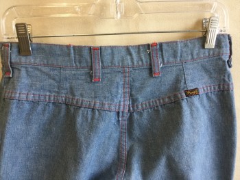 WRANGLER, Lt Blue, Cotton, Polyester, Solid, Light Blue  with Red Top Stitches, 2 Pockets Flare Bottom