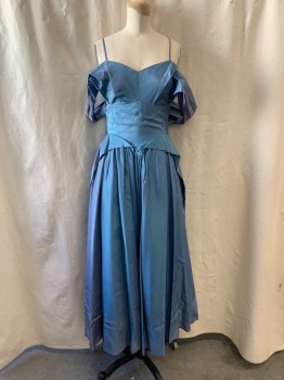 FOX561, Blue, Synthetic, A-Line, Sweetheart Neckline, Spaghetti Straps & Pleated Off the Shoulder Straps, Zip Side, Pleated Skirt, Ankle Length