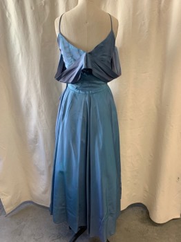 FOX561, Blue, Synthetic, A-Line, Sweetheart Neckline, Spaghetti Straps & Pleated Off the Shoulder Straps, Zip Side, Pleated Skirt, Ankle Length