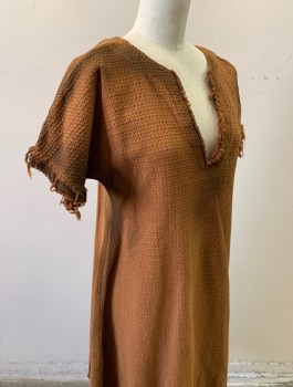 N/L, Caramel Brown, Cotton, Solid, Historical Fantasy, Honeycomb Textured Fabric, Short Sleeves, Round Neck with V Notch, Raw Frayed Edges, Aged, Peasant