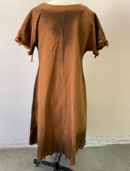 N/L, Caramel Brown, Cotton, Solid, Historical Fantasy, Honeycomb Textured Fabric, Short Sleeves, Round Neck with V Notch, Raw Frayed Edges, Aged, Peasant