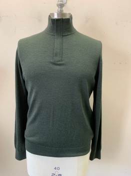 FACONNABLE, Forest Green, Navy Blue, Wool, Solid, Heathered, Zip Turtle Neck with Navy Facing Detail, Long Sleeves, Rib Knit Collar and Cuffs