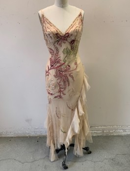 MANDALAY, Beige, Red Burgundy, Green, Champagne, Polyester, Beaded, Floral, Poly/ Jersey Knit Underlayer, Sheer Net Overlay with Embroidered Flowers/ Sequins/ Beads, Spaghetti Straps, Empire Waist, Fitted Through Hips, Godets Below Knee, Floor Length Raw Edge Hem