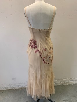 MANDALAY, Beige, Red Burgundy, Green, Champagne, Polyester, Beaded, Floral, Poly/ Jersey Knit Underlayer, Sheer Net Overlay with Embroidered Flowers/ Sequins/ Beads, Spaghetti Straps, Empire Waist, Fitted Through Hips, Godets Below Knee, Floor Length Raw Edge Hem