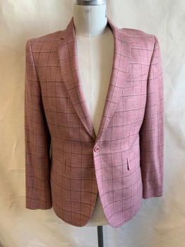 NL , Rose Pink, Black, Beige, Wool, Plaid, Notched Lapel, Single Breasted, Button Front, 1  Button, 3 Pockets