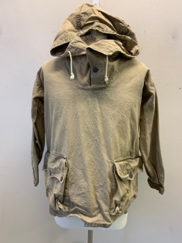 NL, Khaki Brown, Cotton, Turtle Neck, Hooded, Drawstring at Hood, 1/4 Button Front, Pullover, Long Sleeves, 2 Large Pockets at Waist, Metallic Gold Pattern on Left Sleeve, Black Numbers & Letters on Right Cuff