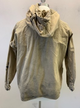 NL, Khaki Brown, Cotton, Turtle Neck, Hooded, Drawstring at Hood, 1/4 Button Front, Pullover, Long Sleeves, 2 Large Pockets at Waist, Metallic Gold Pattern on Left Sleeve, Black Numbers & Letters on Right Cuff