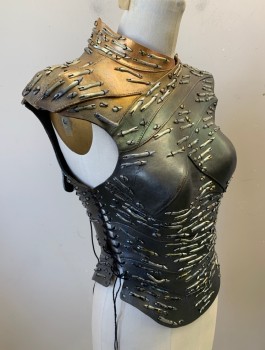 N/L MTO, Iridescent Gray, Silver, Gold, Leather, Metallic/Metal, Chest Plate, Leather with Molded Breasts, Sleeveless, Abstract Metal Pieces Attached Throughout, Top is Airbrushed with Gold Metallic, Bottom is More Gray/Silver, Lace Up Back & Sides, Made To Order, Multiples