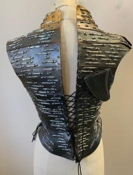 N/L MTO, Iridescent Gray, Silver, Gold, Leather, Metallic/Metal, Chest Plate, Leather with Molded Breasts, Sleeveless, Abstract Metal Pieces Attached Throughout, Top is Airbrushed with Gold Metallic, Bottom is More Gray/Silver, Lace Up Back & Sides, Made To Order, Multiples