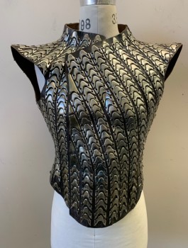 N/L MTO, Faded Black, Silver, Leather, Metallic/Metal, Black Leather Molded Chest Plate, with Curved Geometric Metal Bits in Vertical Stripes, Fold Over Front, Lace Up Closure in Back, Made To Order