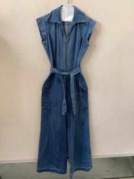 NO LABEL, Denim Blue, Polyester, Cotton, Solid, Cap Sleeves, V Neck, Zip Front, Elastic Waist With Tie, Side Pockets,