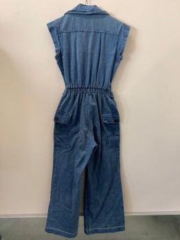 NO LABEL, Denim Blue, Polyester, Cotton, Solid, Cap Sleeves, V Neck, Zip Front, Elastic Waist With Tie, Side Pockets,