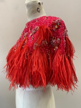 NO LABEL, Cherry Red, Pink, Gold, Silk, Sequins, Textured Fabric, Full Sequins, Crew Neck, Beaded Paisley Detail feathered Bottom, Back Snap Buttons