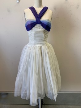NO LABEL, Off White, Pumpkin Spice Orange, Blue, Baby Blue, Polyester, Ombre, Sleeveless, V Neck Tulle Strap, Ombre Bust Detail, Vertical Seams with Pleated Waist, Back Zipper,