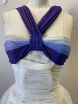 NO LABEL, Off White, Pumpkin Spice Orange, Blue, Baby Blue, Polyester, Ombre, Sleeveless, V Neck Tulle Strap, Ombre Bust Detail, Vertical Seams with Pleated Waist, Back Zipper,