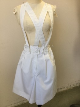 N/L, White, Cotton, Polyester, Solid, White, Knee Length, 2" Waist Band with 2 Triangles Fold Over Front Center W. 2 Buttons, Suspender Straps, 2 Pleat Front, 2 Fake Wedge Pockets