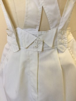 N/L, White, Cotton, Polyester, Solid, White, Knee Length, 2" Waist Band with 2 Triangles Fold Over Front Center W. 2 Buttons, Suspender Straps, 2 Pleat Front, 2 Fake Wedge Pockets