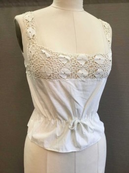White, Cotton, Solid, Diamond/square Crochet Lace Yoke Front & Back. Square Neckline, Sleeveless, Drawstring Waist