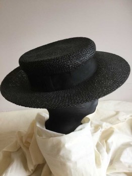 GIORGIO, Black, Synthetic, Basket Weave, HAT:  Black Basket Weaving, Stiff Hat, Large Black Ribbon W/self Bow Around Crown,