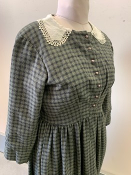 N/L MTO, Olive Green, Black, Cotton, Plaid - Tattersall, L/S, Button Front, Buttons Have Silver Crown Detail, White Rounded Collar with Crochet Lace Edge, Gathered Waist, Ankle Length, Made To Order, Working Class