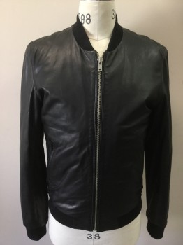 BLK DNM, Black, Leather, Zip Front, Rib Knit Cuffs and Collar, Quilted Interior