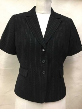 TAHARI, Black, White, Polyester, Rayon, Stripes - Vertical , 3 Buttons,  Short Sleeve,  Peaked Lapel, 2 Pockets with Flaps. Button Pleats At Sleeve Cuffs. Broken Pin Stripe