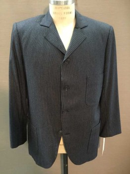 NO LABEL, Navy Blue, Off White, Wool, Stripes - Pin, Single Breasted, 4 Button Front, 3 Pocket, Burgundy Lining,
