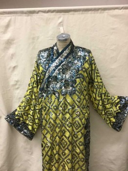 Lemon Yellow, Silver, Blue, Silk, Sequins, Solid, Cross Over Side Strap, Long Sleeves, Lemon Silk W/ Silver & Blue Sequins All Over. 6 Piece Outfit  = 1 Robe, 1 Tunic, 1pr Of Boots, 1 Waist Sash, 1 Dickie  CHINESE 1900s