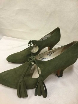 Manolo Blanik, Olive Green, Suede, Solid, Very Good Shape, Could Be 1930's Or 1940's As Well As 1990's. Tie Close with Tasselled Lacing, 2.5"  Heel