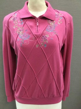 ALFRED DUNNER, Fuchsia Pink, Cotton, Polyester, Floral, Diamonds, Jersey, Diamond Patchwork Pintuck Pattern At Front, Long Sleeves, Pullover, Multicolor Floral/Paisley Embroidery W/Seed Beads At Neck/Shoulders, 3.5" Zipper At Neck, Collar Attached, Ribbed Cuffs + Waist,