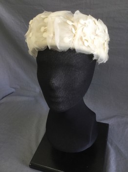 N/L, Cream, Polyester, Solid, Pillbox Hat. Open Basket Weave with Large Organza Floral Like Trim,