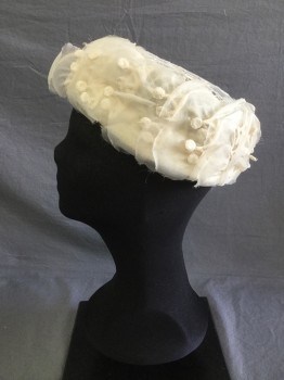 N/L, Cream, Polyester, Solid, Pillbox Hat. Open Basket Weave with Large Organza Floral Like Trim,