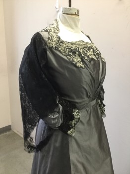 N/L (MTO), Gray, Black, Cream, Polyester, Cotton, Solid, Floral, Gray Taffeta Dress. Square Neckline with Black & Cream Lace Trim. 3/4 Length Taffeta Sleeves with Jetted Black Beaded Lace Cuffs & Black & Cream Lace Trim with Black Lace Overlay Mantel Sleeves. Lace Sleeves Terribly Frayed, Supported with Black Tulle. Hook & Eye Closure at Center Back Bodice. Skirt with Self Train,