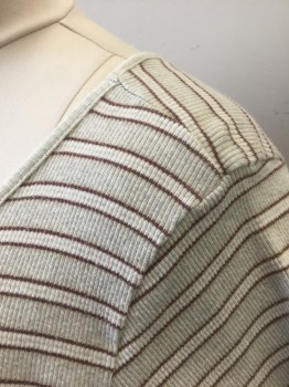 ABERCROMBIE, Oatmeal Brown, Cream, Brown, White, Cotton, Stripes - Horizontal , Rib Knit, S/S, Scoop Neck, Fitted,