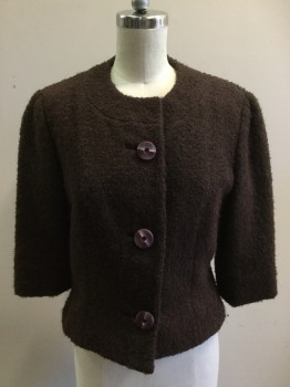 BEST & CO., Dk Brown, Wool, Solid, Boucle, Button Front, Burgundy Buttons, 3/4 Sleeve