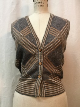 HUDSONS BAY CO, Heather Gray, Brown, White, Acrylic, Wool, Diamonds, V-N, Button Front,