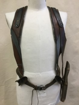 MTO, Brown, Steel Blue, Black, Leather, Neoprene, Abstract , Color Blocking, Brown Leather with Steel Blue Neoprene Inlay Detail Work, Brown Belt with Metal Hook, Holster for Weapons at Waist