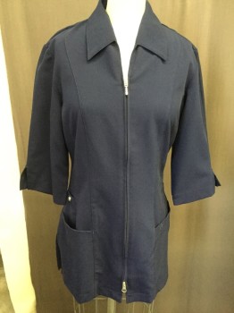 EXCEL, Midnight Blue, Polyester, Spandex, Solid, Collar Attached, Zip Front, Short Sleeves, Patch Pockets
