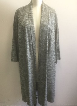 AUSTELLE, Gray, Lt Gray, Silk, Speckled, Horizontally Streaked Texture, Shawl Lapel, Swing Coat, Open at Center Front with No Closures, Black Lining, Hem Below Knee,