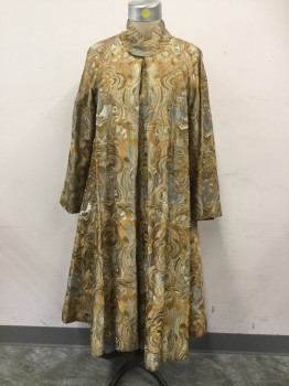 MTO, Brown, Caramel Brown, Silver, Slate Blue, Silk, Swirl , Swirling Floral Paisley Embroidery, Snap and Hook & Eyes Front, Pleated, Raglan Long Sleeves, 3" Stand Crossover Collar , Pleated Center Back, Calf Length
