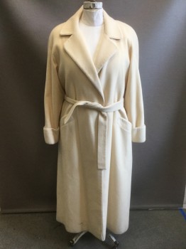 NEIMAN MARCUS, Cream, Wool, Solid, Open at Center Front with No Buttons/Closures, Notched Lapel, Padded Shoulders, Cream Corded Piping Trim on Lapel, Center Front Opening, 2 Hip Pockets & Cuffs, Ankle Length, **With Matching Belt