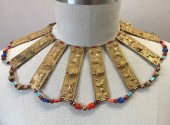 N/L MTO, Gold, Multi-color, Metallic/Metal, Beaded, Gold Metal Rectangular Plates with Egyptian Embossed Details, Multicolor Beads Connecting Them, Made To Order