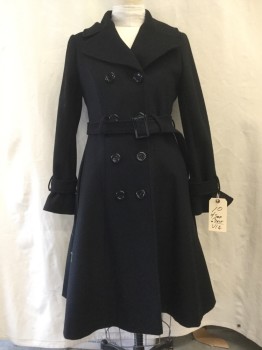 VIA, Black, Wool, Solid, Over sized Notched Lapel, Collar Attached, Double Breasted, 8  Buttons,  Belt Loops, Belt, Belted Cuffs,